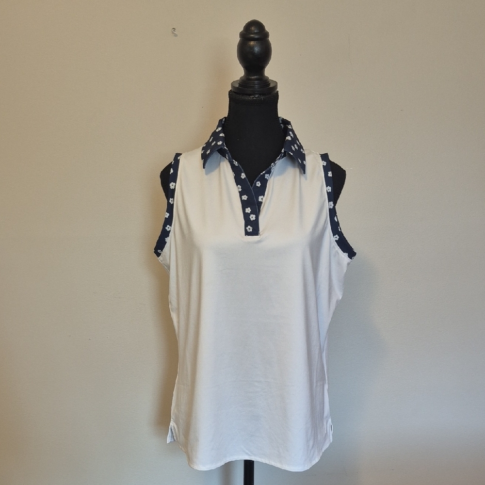 Women's Sleeveless Polo Shirt - White and Navy - L